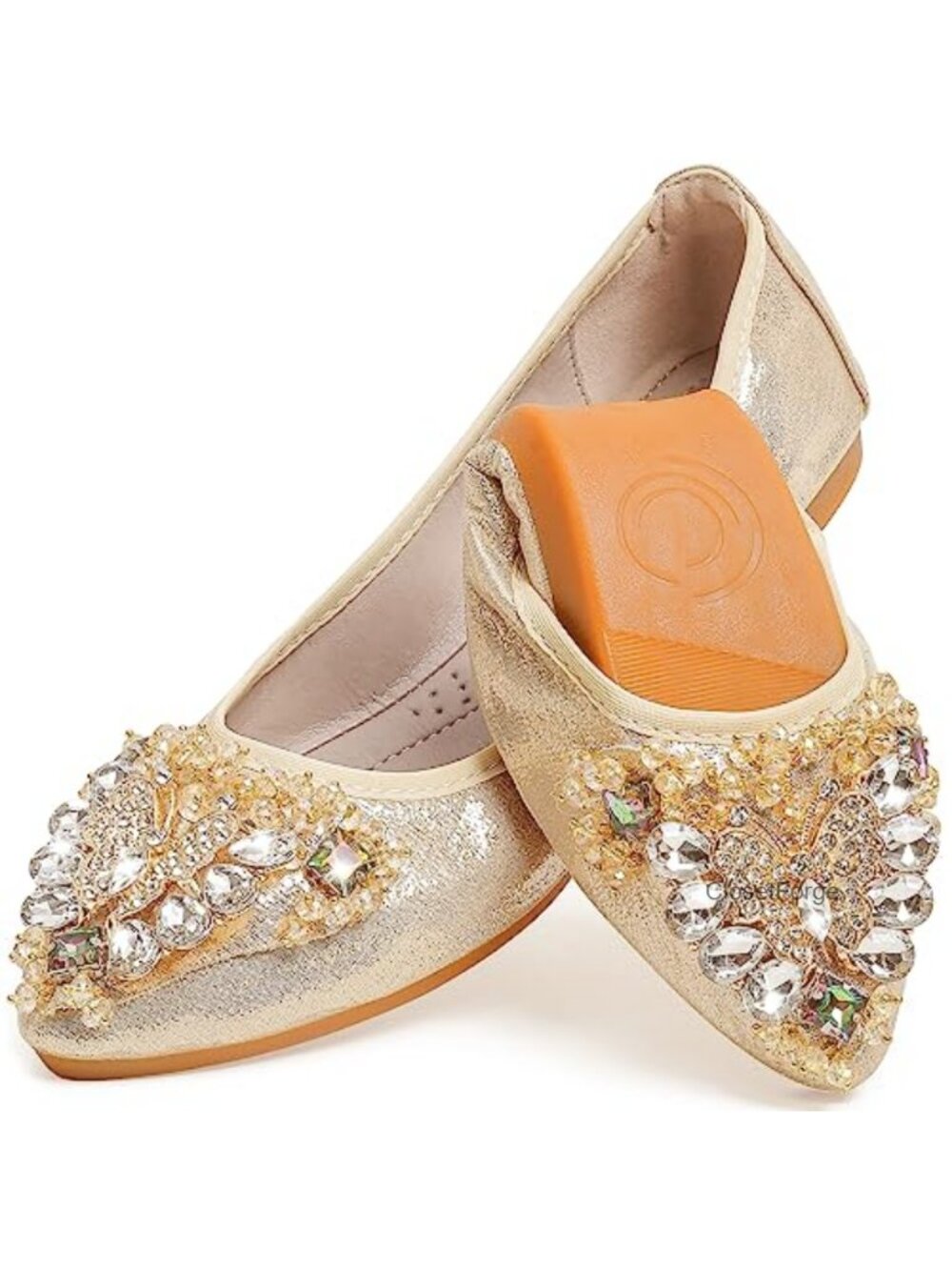 Women's Ballet Flat Shoes Rhinestone Bow Wedding Slip On Pointed Toe Foldable